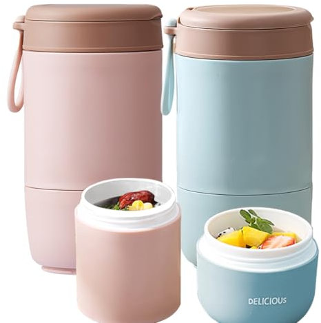 Fouvin Müslibecher To Go mit Deckel, PP-Material Porridge Becher 730ml, Auslaufsicher joghurtbecher to go mit löffel und Deckel, Ideal für Joghurt, Porridge, Babybrei, Suppen & Eis (Rosa+Blau)