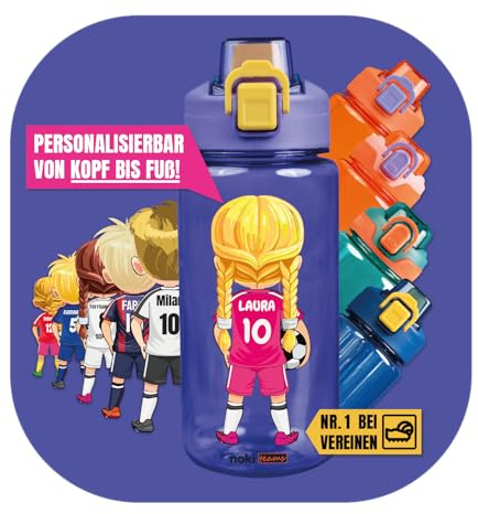 EarlyBird Personalisierte Trinkflasche Jungen Fußball mit Namen & Avatar – Auslaufsichere Wasserflasche Kinder, BPA-frei mit Strohhalm, 600ml (Lila)