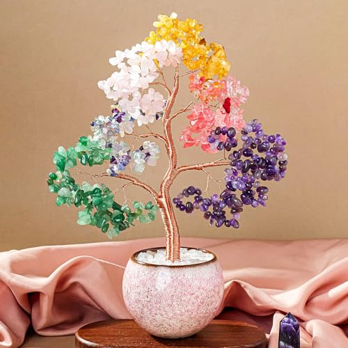 Crystal Tree of Life 7 Chakra Healing Crystals Trees for Home Decor, Office Desk Decor, Handmade Bonsai Trees for Positive Energy, Money, Good Luck Birthday Gifts for Women, Mom Christmas Gift