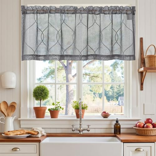 Vangao Voile Scheibengardinen Modern Grau Gestickt Kurzstores Bistrogadine 1er Set 140Bx40Hcm Landhaus Wohnwagen Gardinen kurz Küchengardinen mit Stangendurchzug für Badezimmer halbtransparent