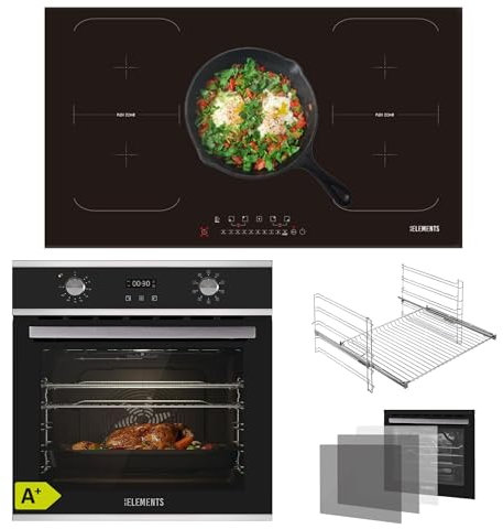 KB ELEMENTS Kit de cuisinière autonome - Four encastrable 60 cm 70 l - Plaque à induction 5 zones - 9 fonctions - Triple vitrage de protection thermique - Fonction rôtissoire - Classe d'efficacité