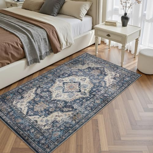 SIXHOME Vintage Rugs Living Room 80 * 150cm, Washable Area Rugs for Bedroom with Non-Slip Backing, Modern Floor Carpets for Living Room, Bedroom, Hallway, Dinning Room Decor, Blue