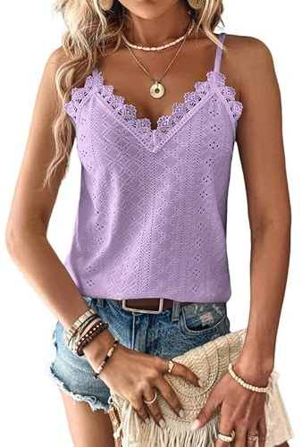 Haibang tanktopp damer cami top med spets v-ringning sommar överdelar elegant spaghetti top sexig halsband sommarshirt lös spetstopp avslappnad ärmlös camisole skjorta, lila, M