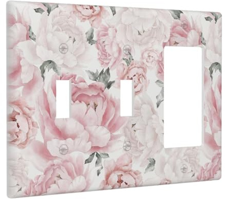Pink Floral Peach Floral Blossom 3 Gang 2 Toggle 1 Decorator/GFCI Combination Light Switch Cover Decorative Triple Combo Switch Face Wall Plate Room Decor