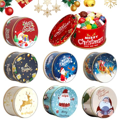 HEYIDAMAI Geldgeschenk Verpackung Weihnachten, 8 Stück Keksdose Weihnachten Runden, Geld Geschenkverpackung,Gutschein Box Leer,Geschenkdosen,Metalldosen für Süßigkeiten,Kekse