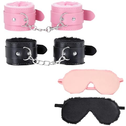 4Pcs Blindfold and Hand Cuff Sets, Pink and Black Fluffy Handcuffs, Valentine's Day Gift Role Playing Handcuffs Eye Mask Props, Suitable for Theme Parties and Stage Performances