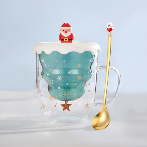 Syfunlv Grinch Weihnachtstasse, Doppelwandige Glastasse mit Deckel und Löffel, Weihnachtsbaum Kaffeetasse Espressotasse Teeglas Milchtasse Stil 4