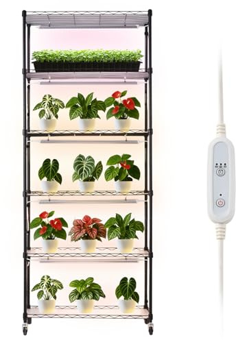VEVOR Soporte para Plantas con Luz de Cultivo 6 Niveles 180 cm 150 W, Estante para Plantas con Ruedas, Temporizador de 4/9/14 H, 3 Modos de Iluminación, para Crecimiento de Planta, 750x350x1800 mm