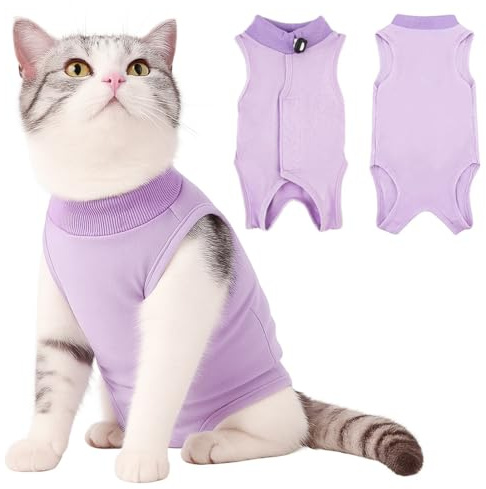 EJRUP Traje de Recuperación para Gatos, Ropa Después de la Cirugía para Gatitos, Pijama contra Lamer para Perros Gatos, E-Collar Alternativa para Heridas Abdominales (Morado, M)