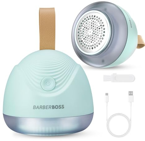BarberBoss Cordless Fabric Shaver, Rechargeable Fuzz Remover, Lint Remover with Transparent Lint Container, 90-Minute Runtime and Fast USB Charging, QR-3103, Green