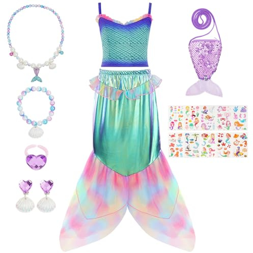 Alaoo Sjöjungfruklänning set för flickor, liten sjöjungfru prinsesskostymer med 10 tillfälliga tatueringar, halsband, örhängen, armband ringar, väskor, sjöjungfrur kostymer för karneval cosplay fest