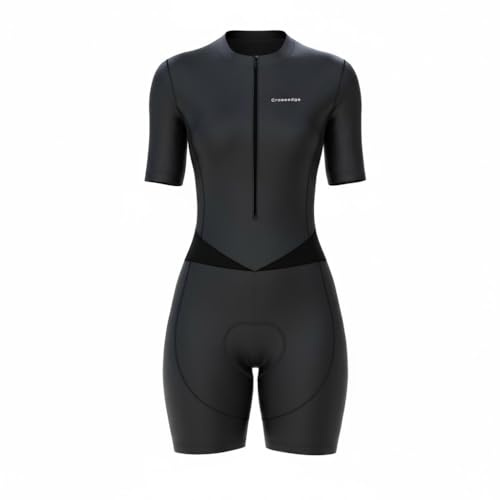 Crossedge Women Cycling Skinsuit Half Sleeve with Mesh Triathlon One Piece Hi-Viz Reflector and Leg Grippers One Back Pocket Ladies Bib Short.