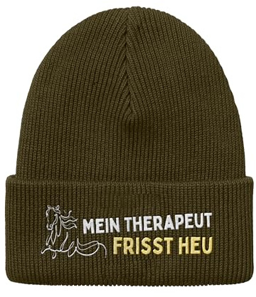 tshirtladen Mütze Mein Therapeut frisst Heu mit Pferde Stickerei aus Polyacryl-Strick doppellagig elastisch Unisex Beanie für Damen und Herren warmes Accessoire für Herbst Winter