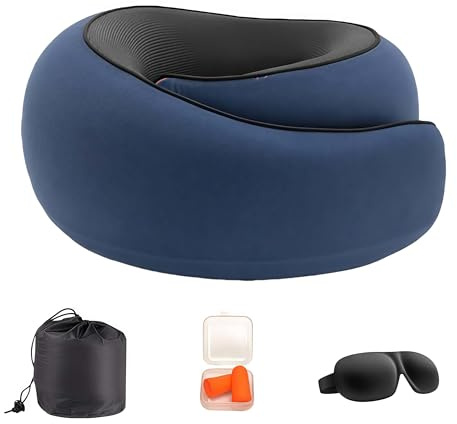 Nomadike NOMAREST | Memory Foam Travel Pillow – mousse mémoire haute densité lavable et compact – Idéal pour vos déplacements et vacances. (Bleu,Oreiller + masque de sommeil + bouchons d'oreilles)
