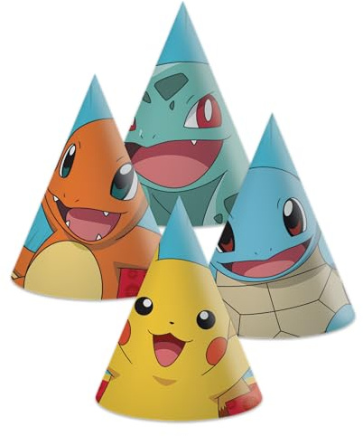 6 Partyhütchen * POKEMON * als Verkleidung zum Kindergeburtstag und Party | mit Gummibang, 17x16cm, aus Pappe | Hütchen Kinder Geburtstag Deko Pikachu