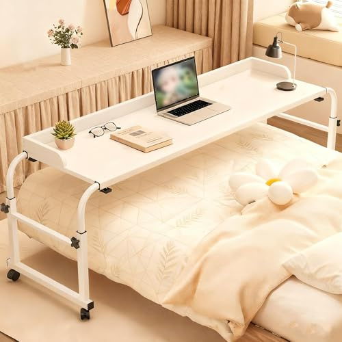 HöHenverstellbarer Betttisch Mit Rollen， HöHenverstellbar 65-95cm/Breitenverstellbar 115-210cm Rolltisch, Steharbeitsplatz, üBer-Betttisch Auf Rollen FüR Schlafzimmer Krank (Color:weiß)