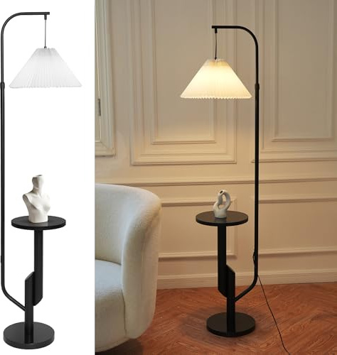 LuminexDesigns Stehlampe Wohnzimmer Modern mit Ablage – Skandinavische Stehleuchte E27 mit Weiß Lampenschirm, 3 Farbtemperaturen einstellbar per Fußschalter, 175cm hoch für Schlafzimmer Ecke WOVI FL15