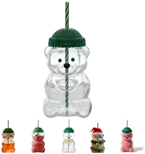 Fabater Linda Taza de Oso de Vidrio, Taza de Oso con Pajita de 20 Oz, Vasos de Vidrio con Tapas y Pajitas, Tazas de Botella de Vidrio Transparente para Batidos, Boba y café Helado