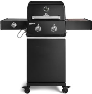 BURNHARD® FRED Jr. Deluxe Gasgrill 2-Brenner, Gusseisenrost, Schwarz-Matt | 900°C Infrarot-Zone, Heckbrenner, Seitenkocher, Aludruckguss-Edelstahl-Brennkammer, 11 kW Leistung