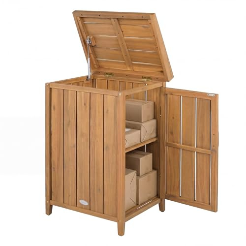 COSTWAY Armadio da Esterno in Legno Massello con Ripiano Rimovibile, Casetta Porta Attrezzi con Porta e Coperchio Apribile, Contenitore per Bidoni Spazzatura per Giardino, Cortile e Patio