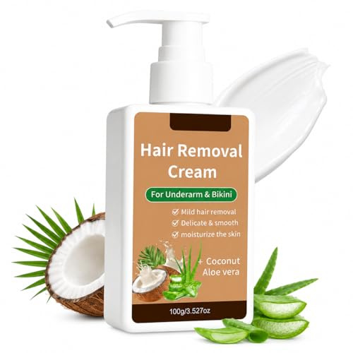 Coconut Oil Hair Removal Cream for Sensitive Skin, 100g Gentle Painless Depilatory Cream with Aloe Vera, Fast Acting Hair Remover Pump for Women & Men Bikini Line, Underarms, Legs, Arms & Body