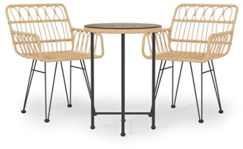 Qnhdfrt 3-TLG. Garten-Essgruppe, Bistro-Set aus Poly Rattan mit Glastisch und 2 Stühlen, Sitzgruppe für Balkon, Terrasse und Außenbereich, Robustes Stahlgestell, Rattan-Optik