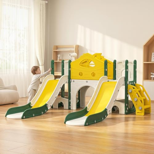 Toboggan Enfant, Double Toboggan, Couloir + Escalier + Structure d'escalade + Jumelles, Offrez Enfants Possibilité Grimper, Laidant Défouler Satisfaire Nature Exploratrice