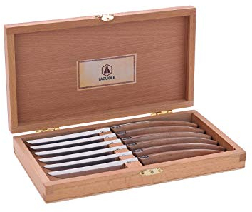 LAGUIOLE - Laguiole 40268472 Caja de 6 Cuchillos para Bistec (23 cm) con Hoja de Acero Inoxidable y Mango de Madera Pakka Marrón