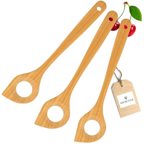5X HOFMEISTER® Kochlöffel spitz mit Loch 30 cm – Kirschholz geölt, schont Beschichtung