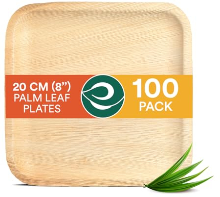 ECO SOUL Palm Leaf Plates 8”(20cm) 100 Square Bamboo Plate I Eco Friendly, Biodegradable, Compostable Heavy-Duty Plate, Disposable Plates for Thanksgiving Dinner, Party & Events