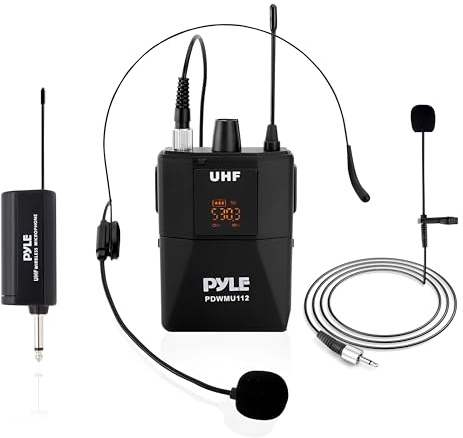 Pyle UHF Wireless Microphone System Kit - Portable Professional Cordless Microphone Set with Headset, Lavalier, Beltpack Transmitter, Receiver - Karaoke & Conference