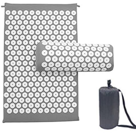 Juego de colchoneta de acupresión y almohada, para aliviar el dolor de espalda y cuello, para aliviar el estrés, con bolsa de viaje (gris)