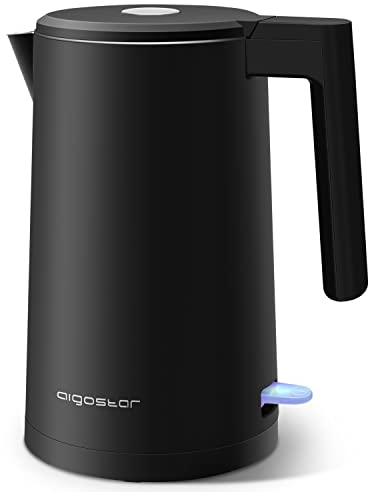 Aigostar Luster - rostfri vattenkokare, 1,7 liters dubbelväggig design, rostfri vattenkokare med automatisk avstängning, 2200W, överhettningsskydd, snabbkokningsfunktion, BPA-fri, tyst, svart
