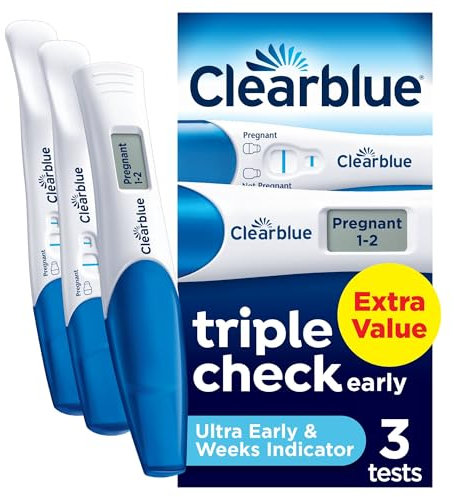 Clearblue Pregnancy Test Ultra Early Triple-Check & Date Combo Pack, Results 6 Days (Visual Sticks) Tells You How Many Weeks (Digital Stick), Kit Of 3 Tests (1 Digital, 2 Visual), Packaging May Vary