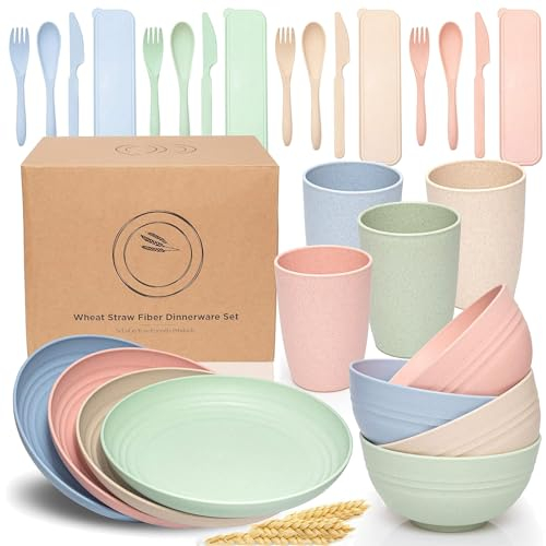 HOMGEN Set di Stoviglie da Campeggio da 54 Pezzi 4 Set di Stoviglie Colorate da Cucina con Piatti Ciotole Tazze 4 Set di Posate per Feste Picnic Piatti in Plastica Infrangibile