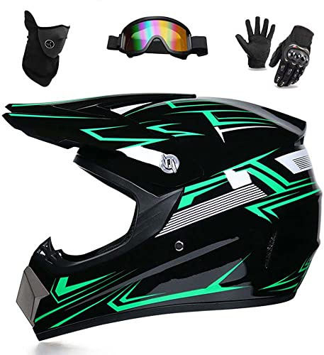 WEITY Motocross-Helm, Brille, Handschuhe, Maske 4-teiliges Set, MTB AVT Motorrad-Crosshelm, DOT-geprüft, geeignet für Erwachsene, Kinder, Männer und Frauen (grüne Linie,S)