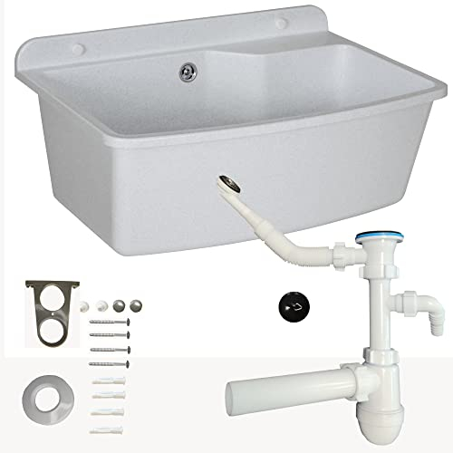 Lavabo con sifón de plástico blanco granito, 61 cm de longitud, instalación de agua, para cocina, baño, resistente