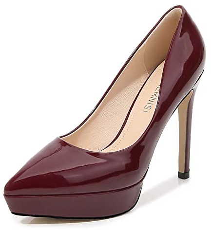 JOEupin Dam plattform stilett högklackade pumps stängd spetsig tå slip-on skor bröllop kontor festklänning klassisk 12 cm, Vinröd, 44 EU