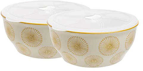 Tranquillo 2er Set Schüssel Art Deco handgestempelt aus Steinzeug, Silikondeckel, stilvolle und praktische Aufbewahrung für Lebensmittel gelb, 18,5 cm