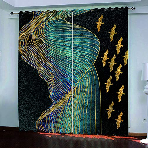 ELGISI Verdunkelungsvorhang Kinderzimmer Junge Mädchen Blickdichter Ösenvorhang 160X140Cm（H X B） 3D Digitaldruck Golden Gestreifter Vogel Ösenschal 2Er Set, Vorhänge Schlafzimmer Thermo Gardinen