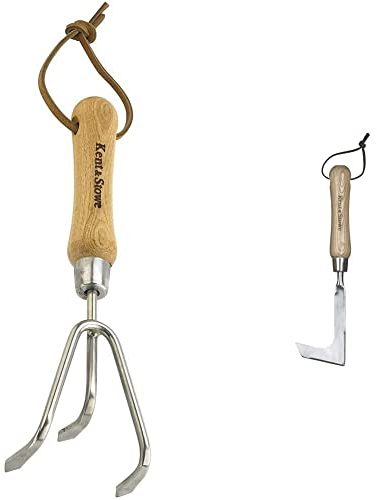 Kent & Stowe 3 Zinken-Grubber – Handgrubber aus Edelstahl, zum Aufbrechen verhärteter Böden, 28 cm & Fugenkratzer – Unkrautkratzer aus Edelstahl zum Entfernen von Moos und Unkraut, 28,5 cm