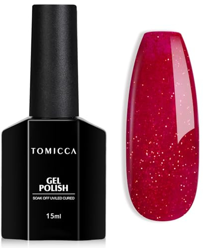 TOMICCA - Smalto UV per unghie natalizie, rosso glitterato, 15 ml, rosso glitterato, smalto gel Soak Off UV/LED, per nail art fai da te o per saloni