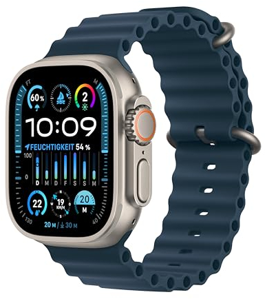 Apple Watch Ultra 2 (GPS + Cellular, 49 mm) Smartwatch mit robustem Titangehäuse und Ocean Band Armband in Blau. Fitnesstracker, präzises GPS, extra Lange Batterielaufzeit, helles Retina Display