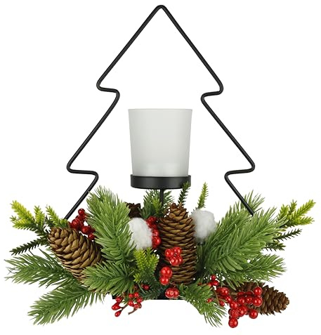 Dekorierter Teelichthalter aus Metall mit Teelichtglas Zapfen Beeren Tannenzweigen Stimmungslicht Lampe Kerzenhalter Weihnachtsdeko Dekoration Tischdeko Dekoobjekt Glas Ornamente 3D Bild