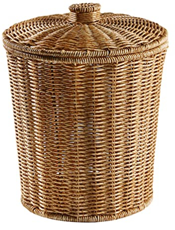 Cestas de almacenamiento tejidas de plástico con tapa, cesta redonda de mimbre for papel de desecho, papelera con tapa for dormitorio, baño, cocina, hogar, oficina (9,2 x 11 pulgadas, marrón claro)
