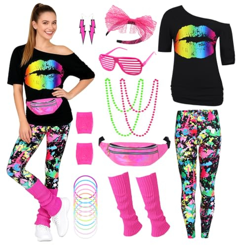 Velmawig 80er Jahre Outfit Damen 80 er Jahre Fasching Kostüm Zubehör Rosa Set mit Bauchtasche Haarband Ohrring Netzhandschuhe Gläser Armband Halskette Leggings Neon Kleidung Bad Taste Outfit Damen