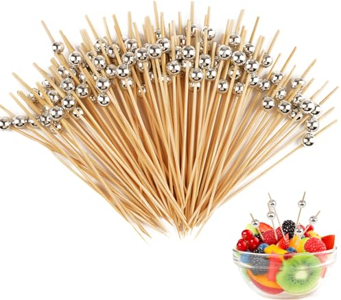 Cocktailspieße Set, 100 Stück Spiesse für Snacks Fingerfood, Holz Zahnstocher Partyspieße, Cocktail Sticks für Grillen, Antipasti, Obst, Süßigkeiten für Party Geschenk Fasching (Silber Perlen)
