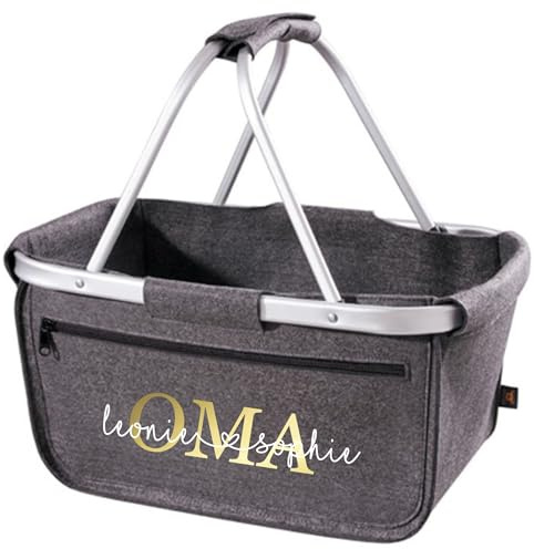 AWASG Einkaufskorb Oma - Personalisiert mit Name - Einkaufstasche faltbar Tragekorb mit Aufdruck - 45 x 25 x 25 cm (grau Filz)