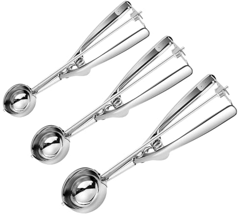 MEETOZ 3PCS Ice Cream Scoop, Premium Cookie Scoop Set, Small/Medium/Large Stainless Steel Scoop, Ice Cream Scooper with Trigger Release, Cookie Scooper for Baking, Cupcake Scoop