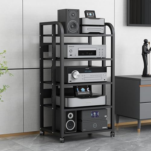Audio Rack HiFi Regal Audiokomponenten-Rack/Tower Media Stereo Stand, Hochbelastbar Schwarz Modern Elektronik Geräteaufbewahrung mit höhenverstellbarem Regal und Rädern, für Lautsprecher/DVD-Player(S